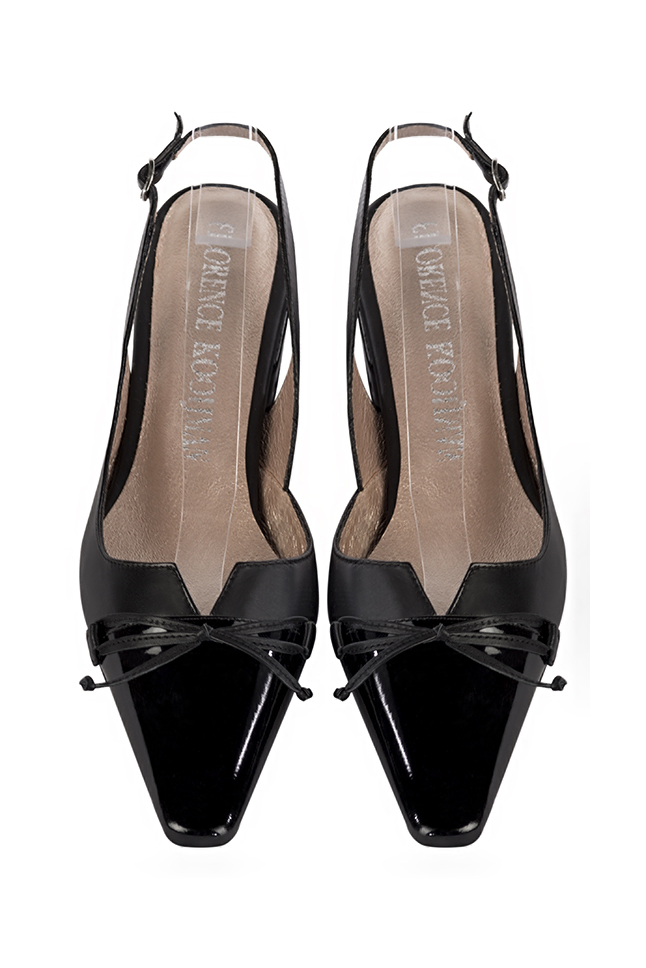 Dress slingback bow heels in gloss black and satin black leather with low block heels and tapered toe - Top view